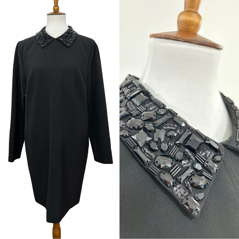 Trina Turk Long Sleeve Black Dress with Beaded Embellished Point Collar Size 10